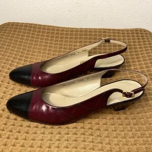 Vintage Salvatore Ferragamo Burgundy Black Leather Slingback Pumps Sz 8.5 AAA
